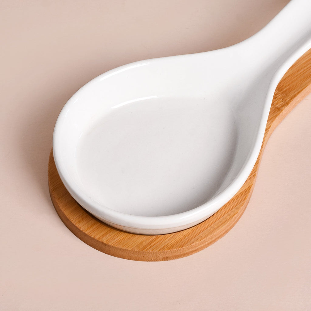 White Ceramic Spoon Holder With Wooden Tray Nestasia