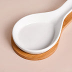 White Ceramic Spoon Holder With Wooden Tray Nestasia