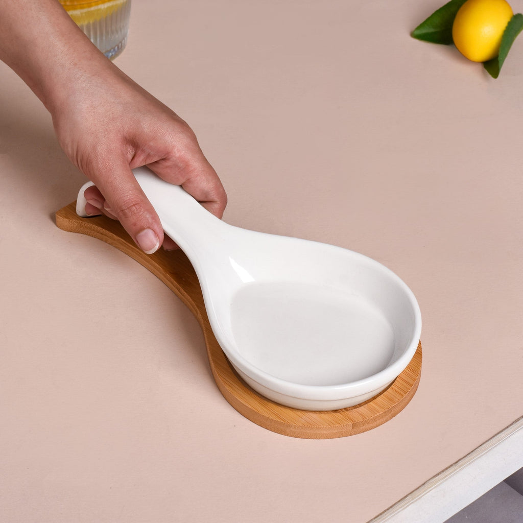 White Ceramic Spoon Holder With Wooden Tray Nestasia