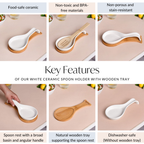 White Ceramic Spoon Holder With Wooden Tray Nestasia
