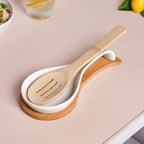 White Ceramic Spoon Holder With Wooden Tray Nestasia
