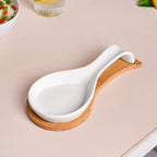 White Ceramic Spoon Holder With Wooden Tray Nestasia