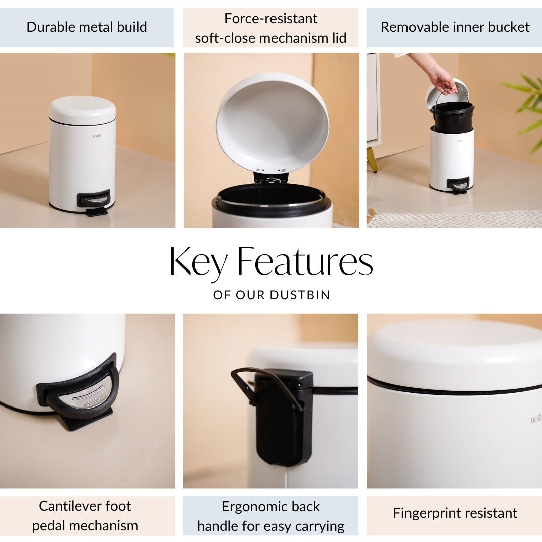 Clean Curve Pedal Operated Metal Dustbin With Bucket White 3000ml Nestasia