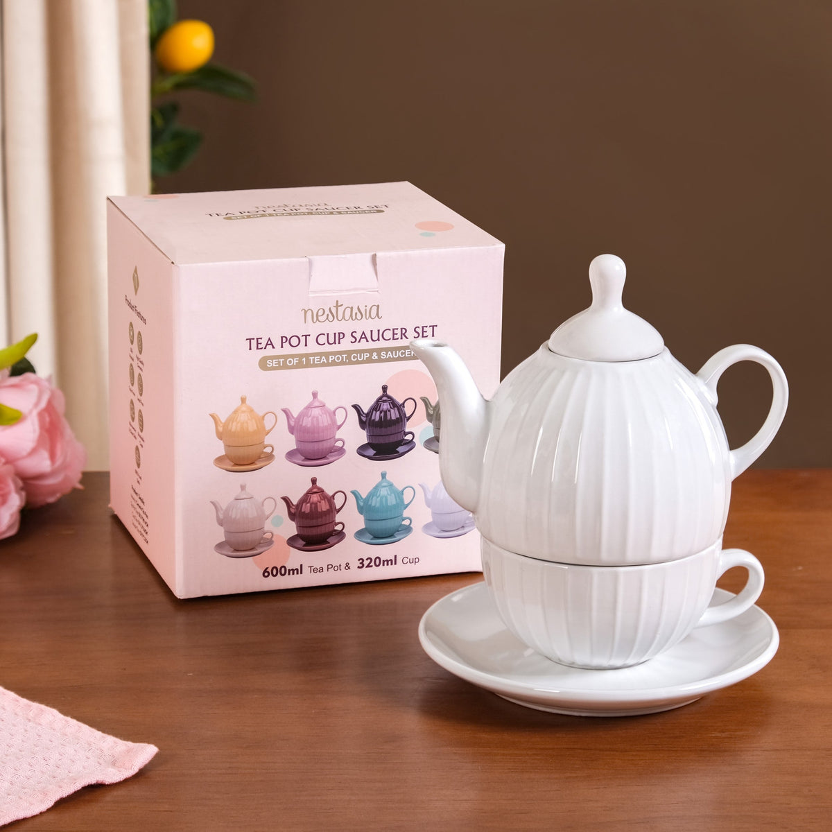 Ambrosia White Ceramic Teapot With Cup And Saucer Nestasia