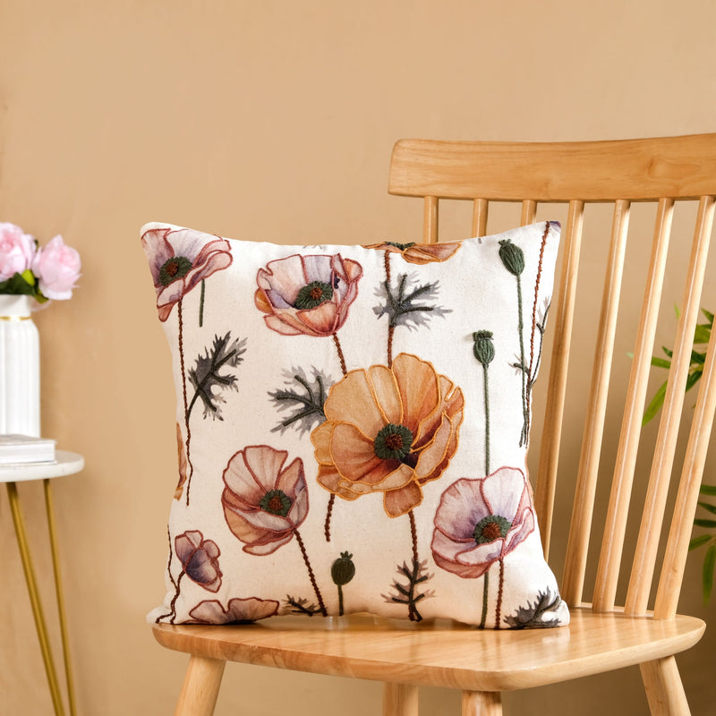 Poppy Flower Cotton Embroidered Cushion Cover 40x40cm Nestasia