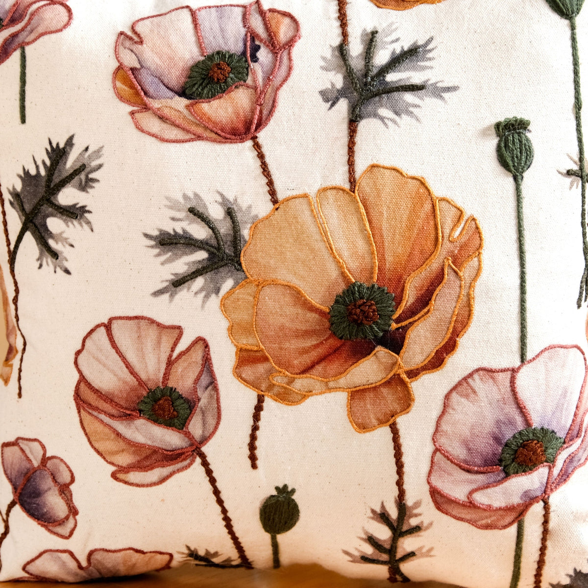 Poppy Flower Cotton Embroidered Cushion Cover 40x40cm Nestasia