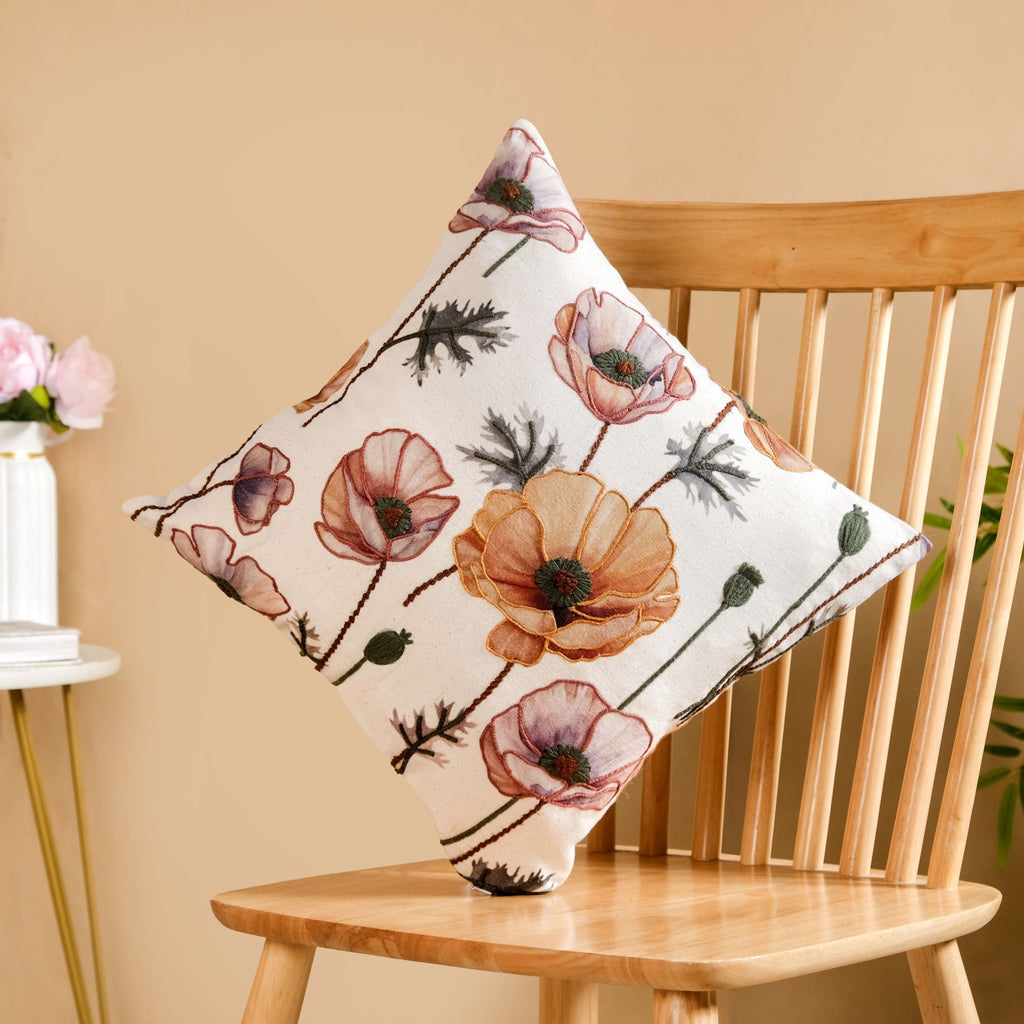 Poppy Flower Cotton Embroidered Cushion Cover 40x40cm Nestasia