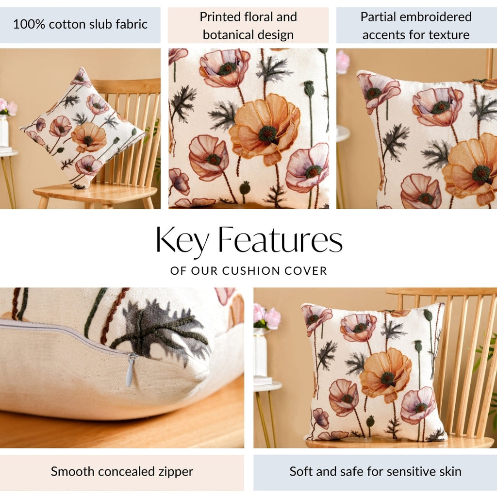 Poppy Flower Cotton Embroidered Cushion Cover 40x40cm Nestasia