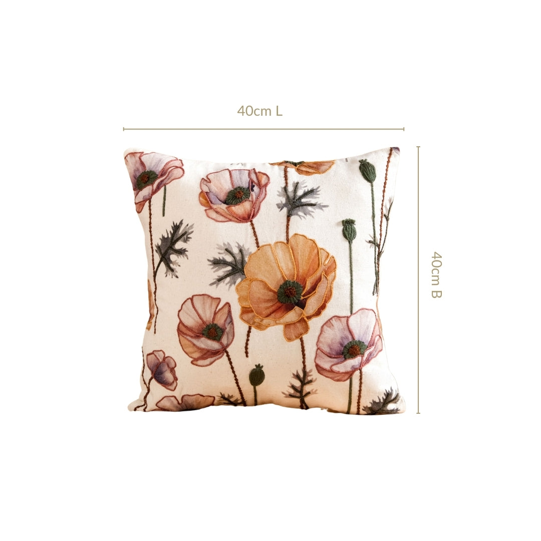 Poppy Flower Cotton Embroidered Cushion Cover 40x40cm Nestasia