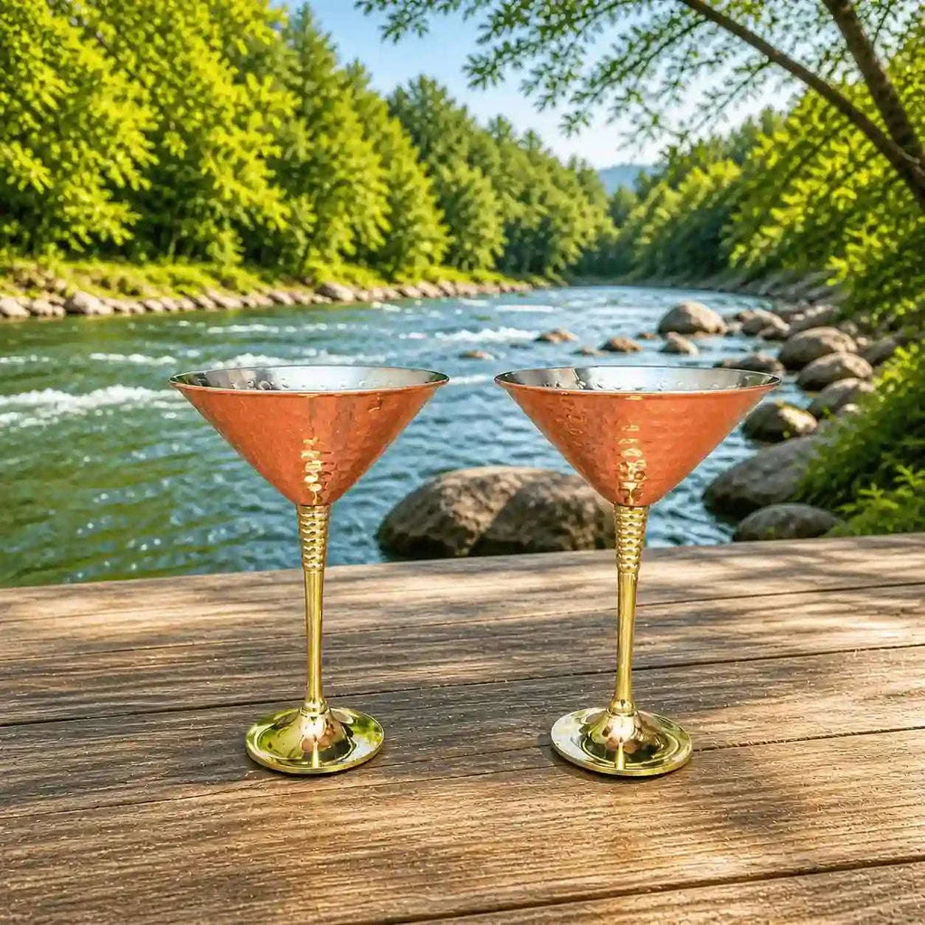 Brass Copper And Steel Hammered Wine Glass Pair Vedansh Craft