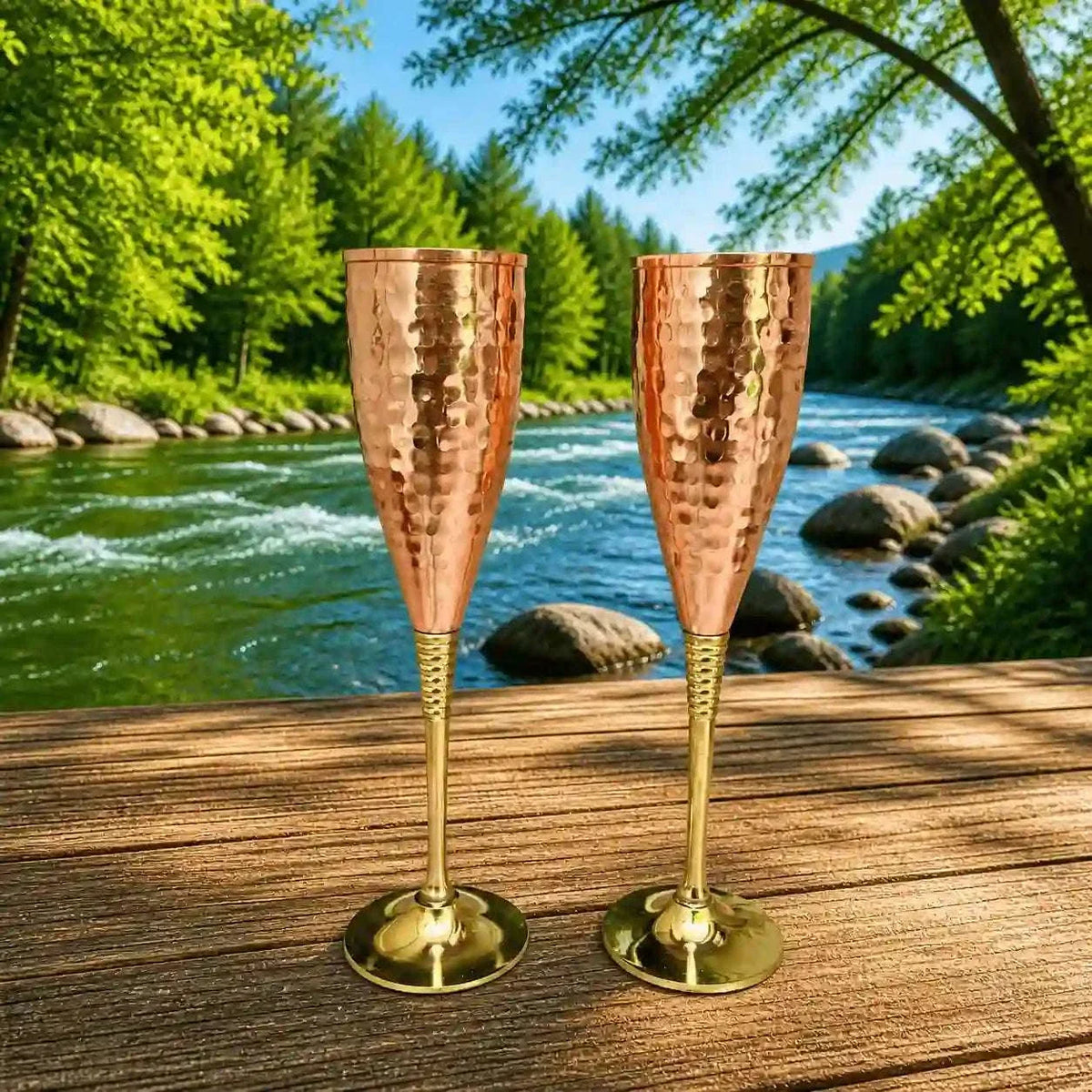Brass Copper And Steel Hammered Wine Glass Pair Vedansh Craft