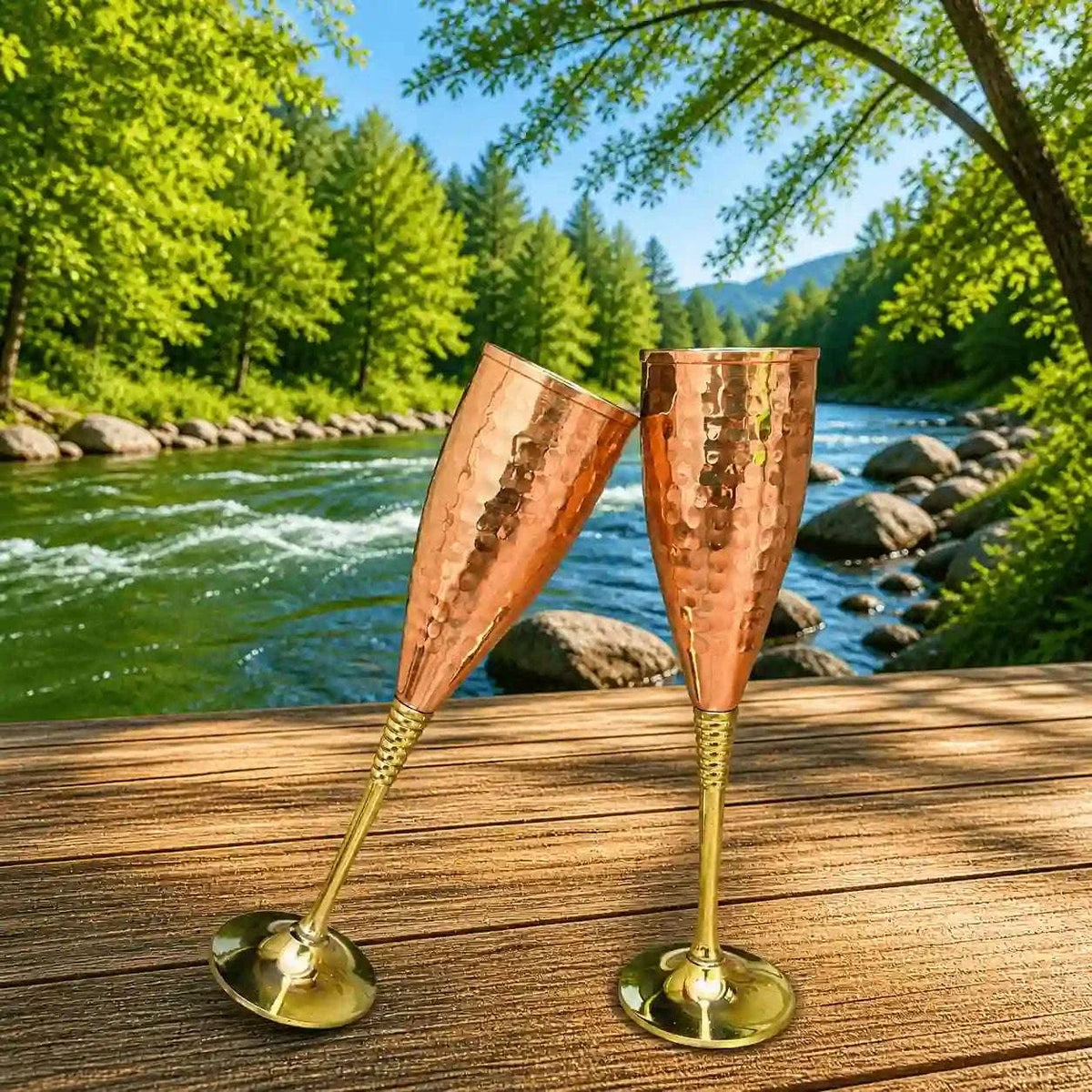 Brass Copper And Steel Hammered Wine Glass Pair Vedansh Craft