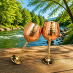 Brass Copper And Steel Hammered Wine Glass Pair Vedansh Craft