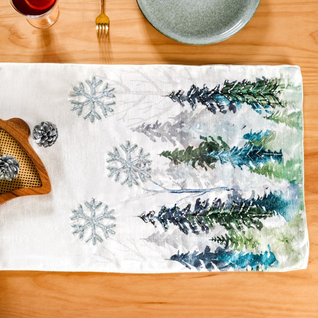 Snowfall In Pine Forest Embroidered Table Runner Nestasia