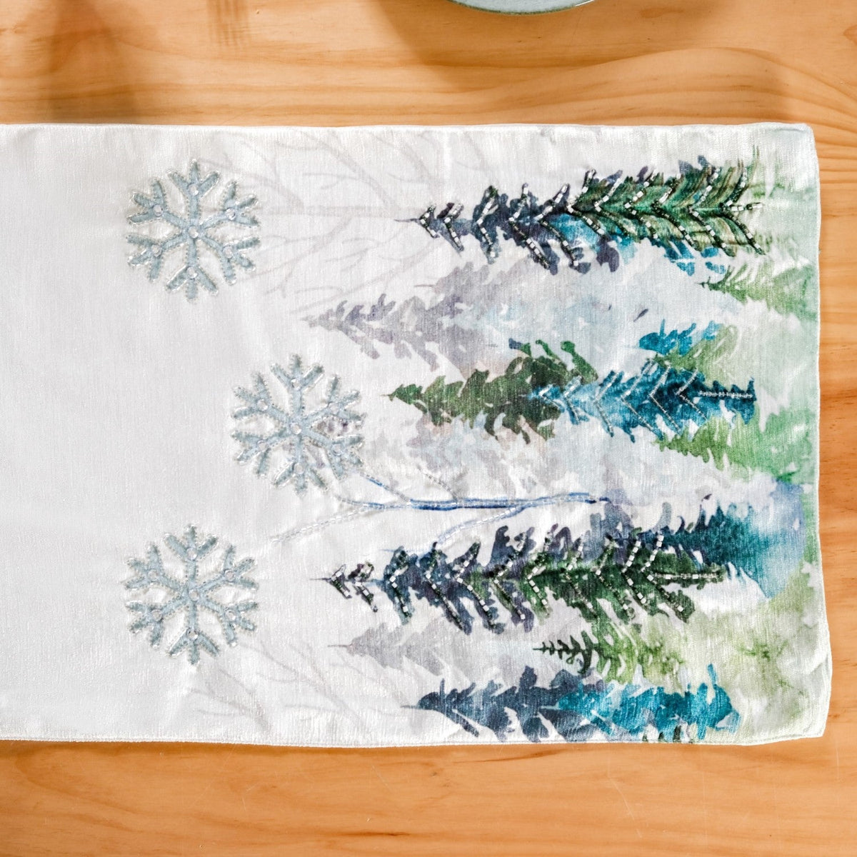 Snowfall In Pine Forest Embroidered Table Runner Nestasia