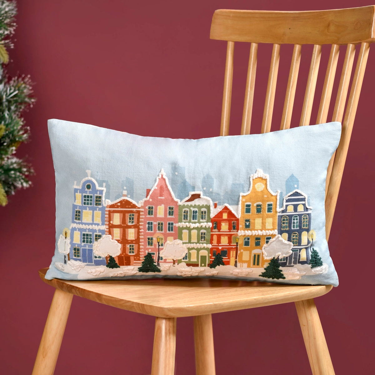 Winter Town Embroidered Cotton Cushion Cover 50x30cm Nestasia