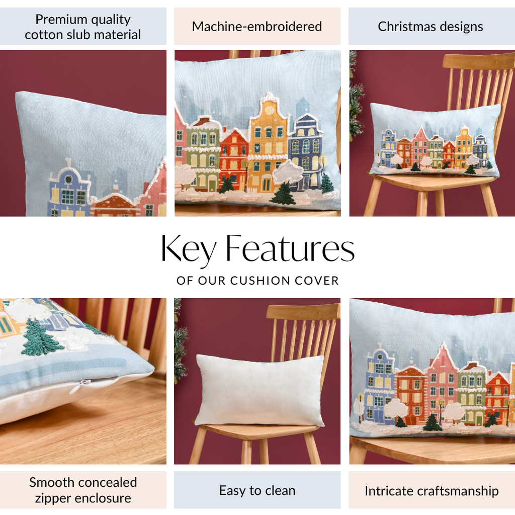 Winter Town Embroidered Cotton Cushion Cover 50x30cm Nestasia