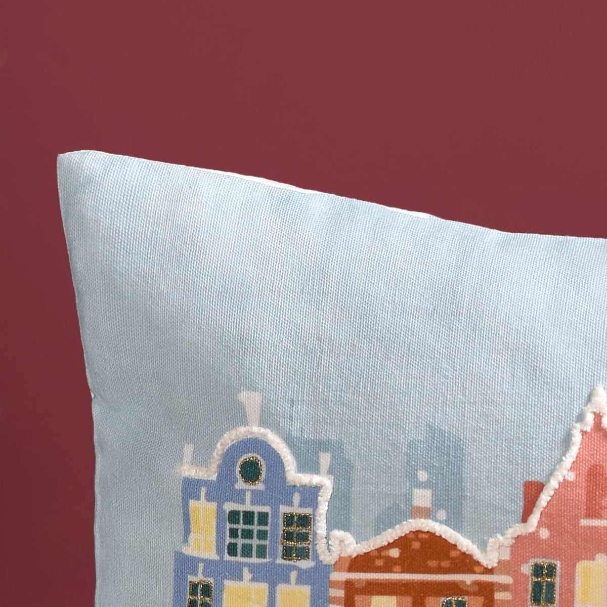 Winter Town Embroidered Cotton Cushion Cover 50x30cm Nestasia