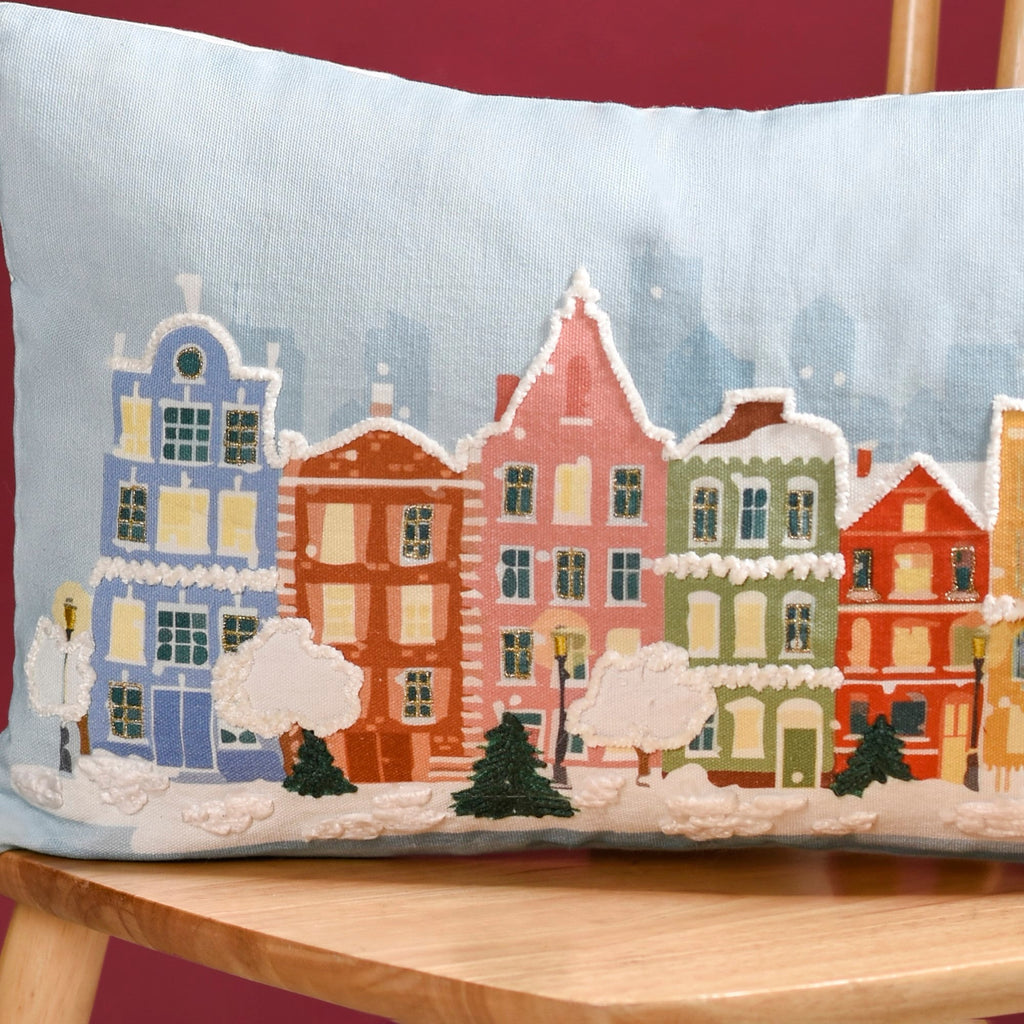 Winter Town Embroidered Cotton Cushion Cover 50x30cm Nestasia