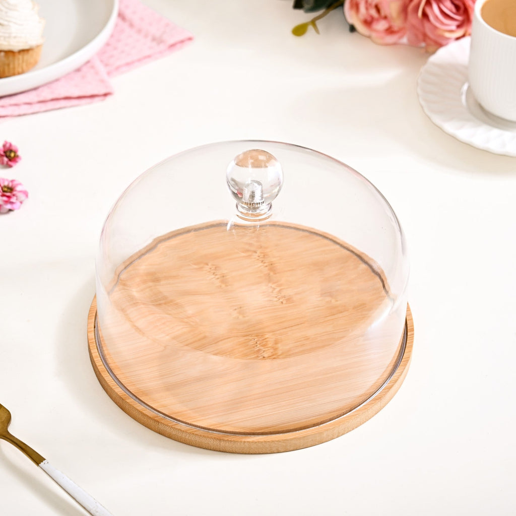 Wooden Cake Stand With Transparent Cloche 17cm Nestasia