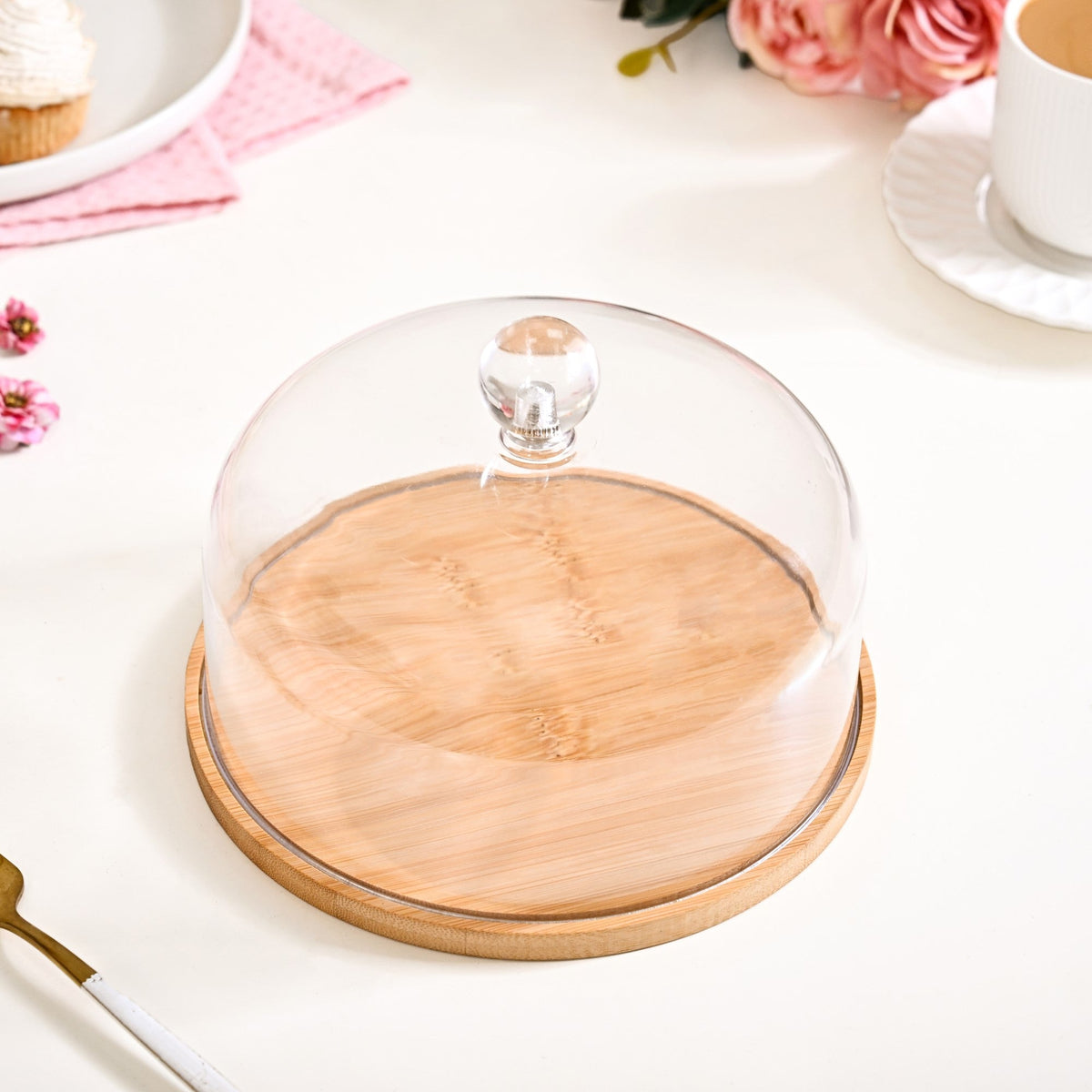 Wooden Cake Stand With Transparent Cloche 17cm Nestasia