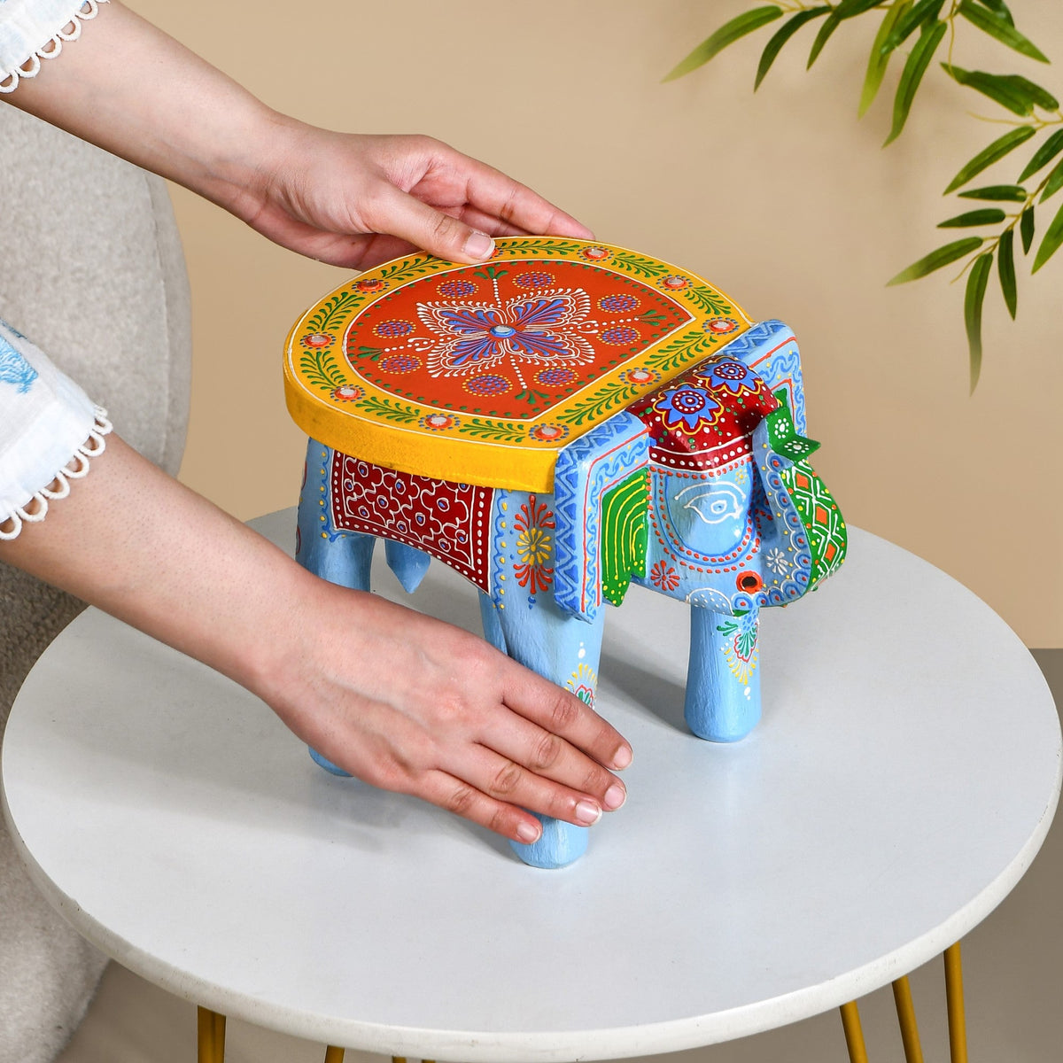Banjara Mirror Work Wooden Elephant Decor Riser Nestasia