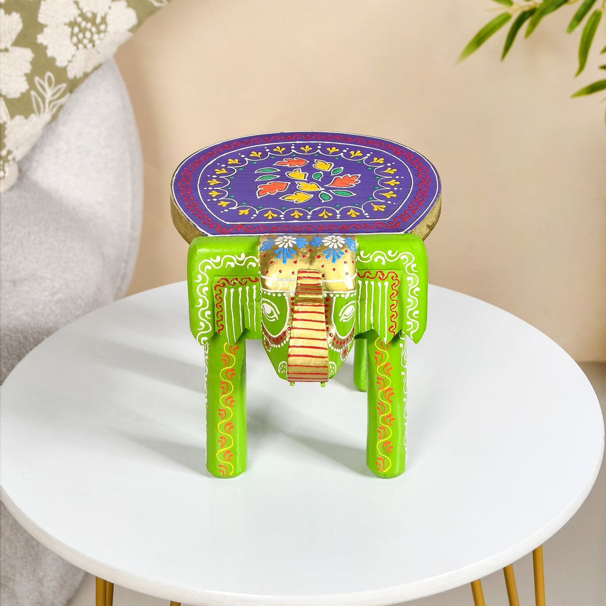 Handcrafted Vibrant Banjara Wooden Elephant Riser Nestasia