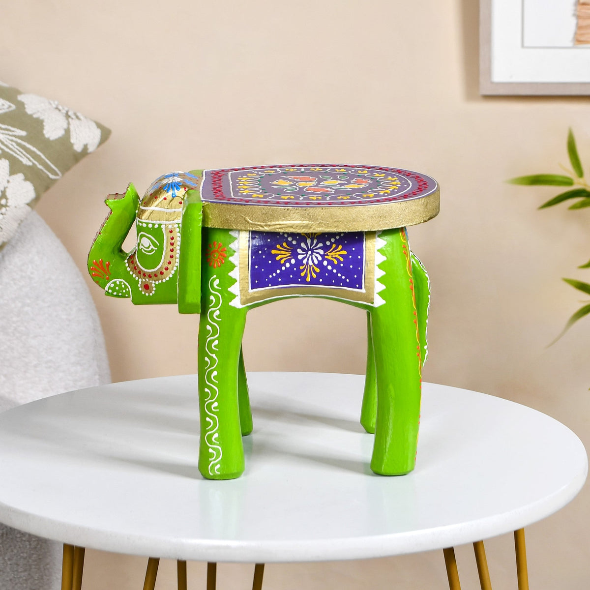 Handcrafted Vibrant Banjara Wooden Elephant Riser Nestasia