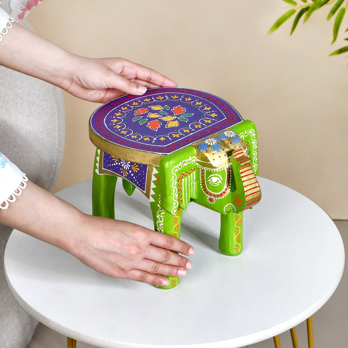 Handcrafted Vibrant Banjara Wooden Elephant Riser Nestasia