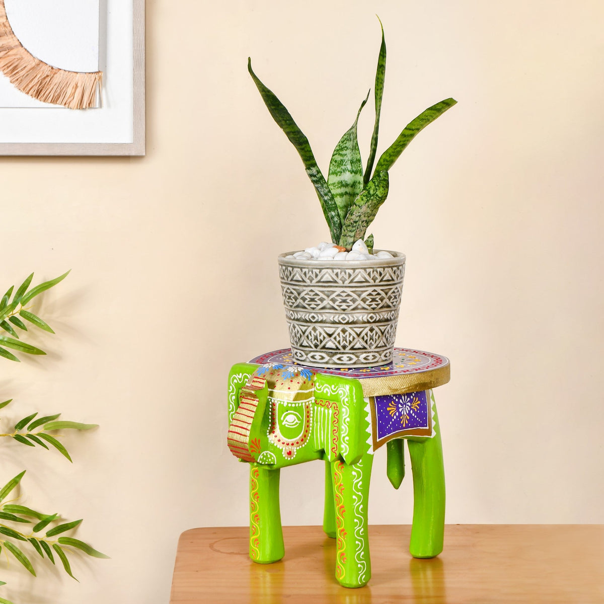 Handcrafted Vibrant Banjara Wooden Elephant Riser Nestasia