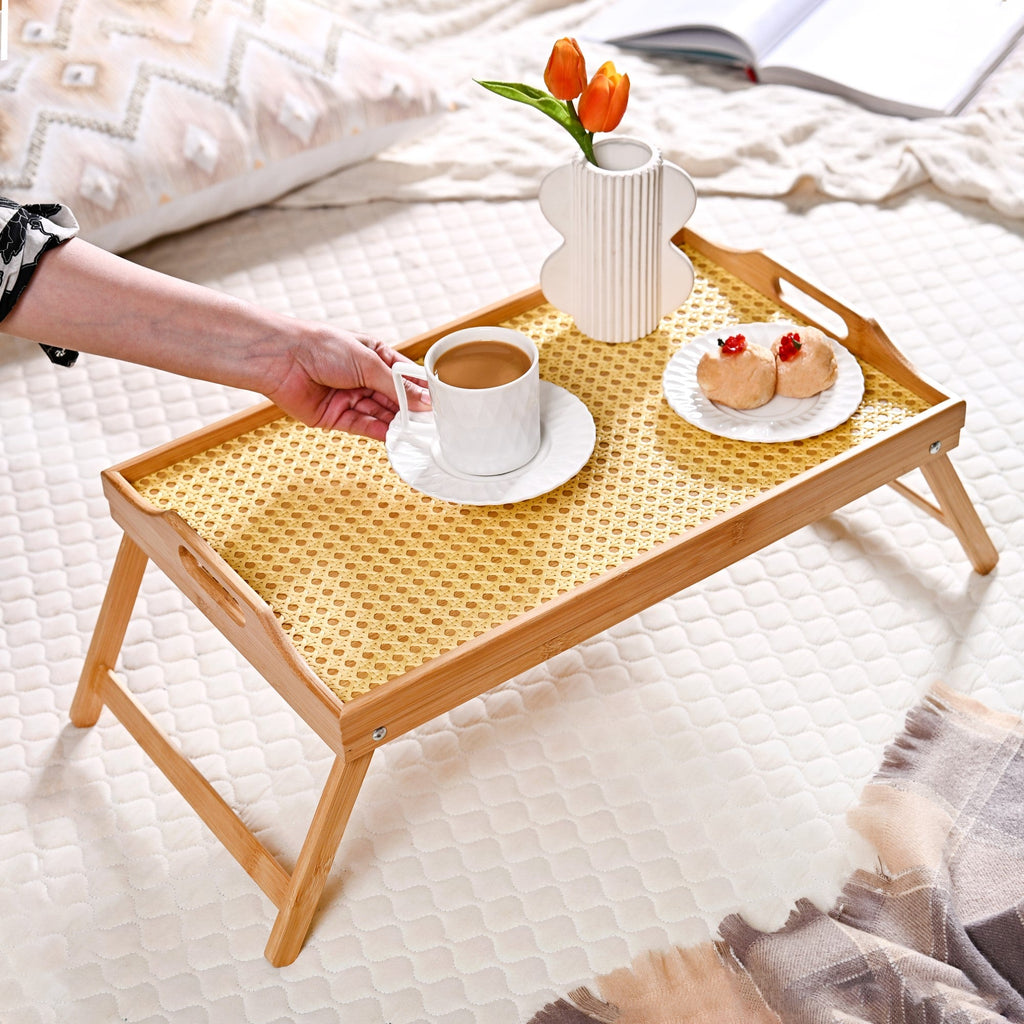 Wooden Folding Table With Rattan Weaving Nestasia