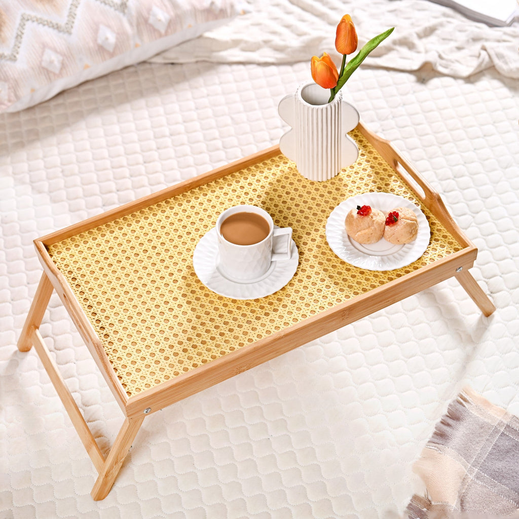 Wooden Folding Table With Rattan Weaving Nestasia