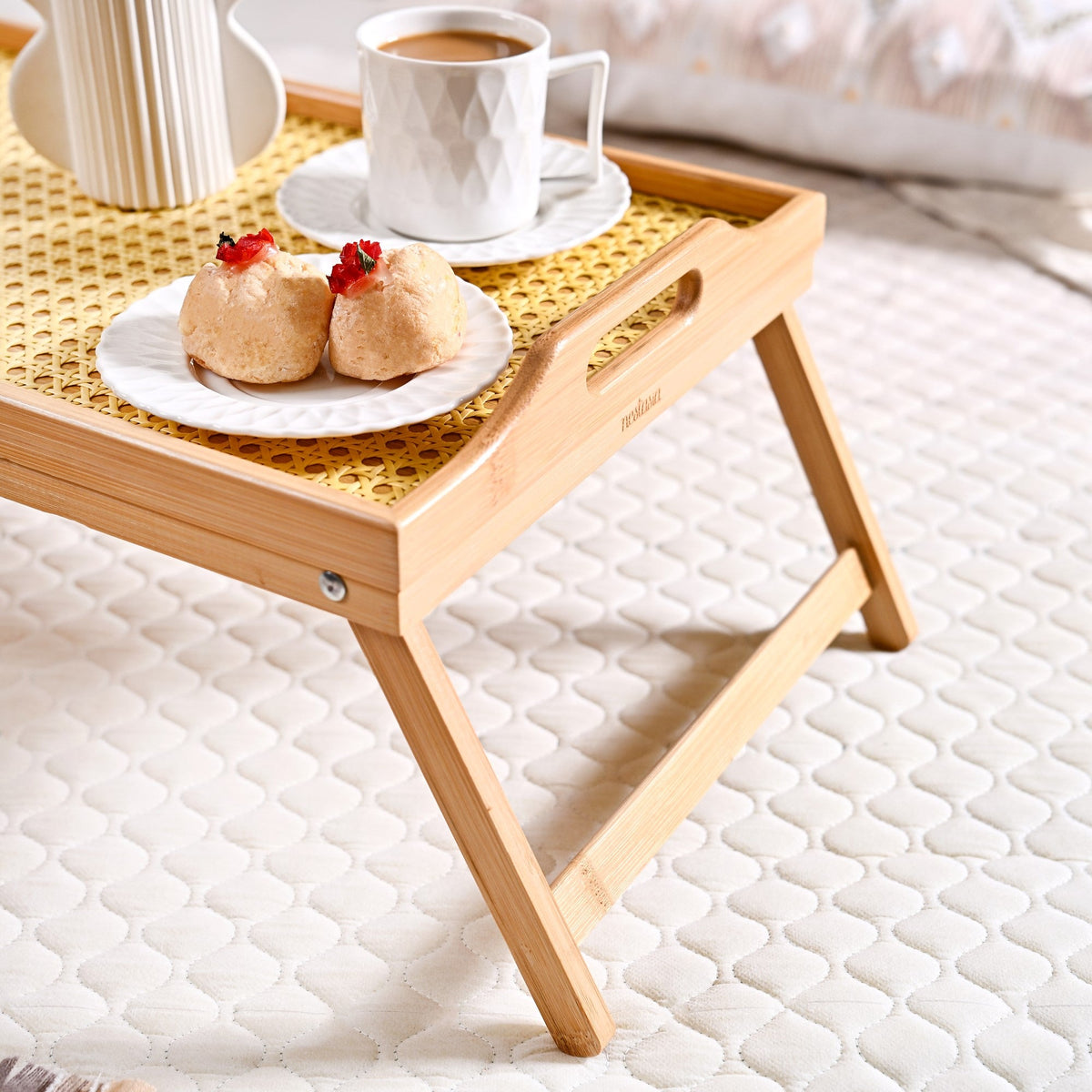 Wooden Folding Table With Rattan Weaving Nestasia