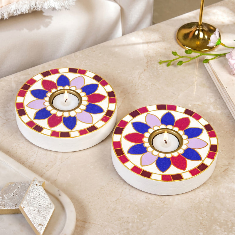 Wooden Rangoli Tealight Holder With Tealights Set Of 2 Nestasia