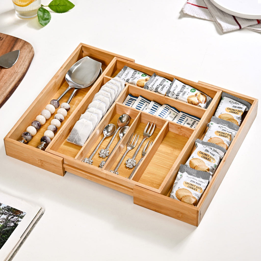Adjustable Bamboo Kitchen Drawer Organiser For Cutlery Nestasia