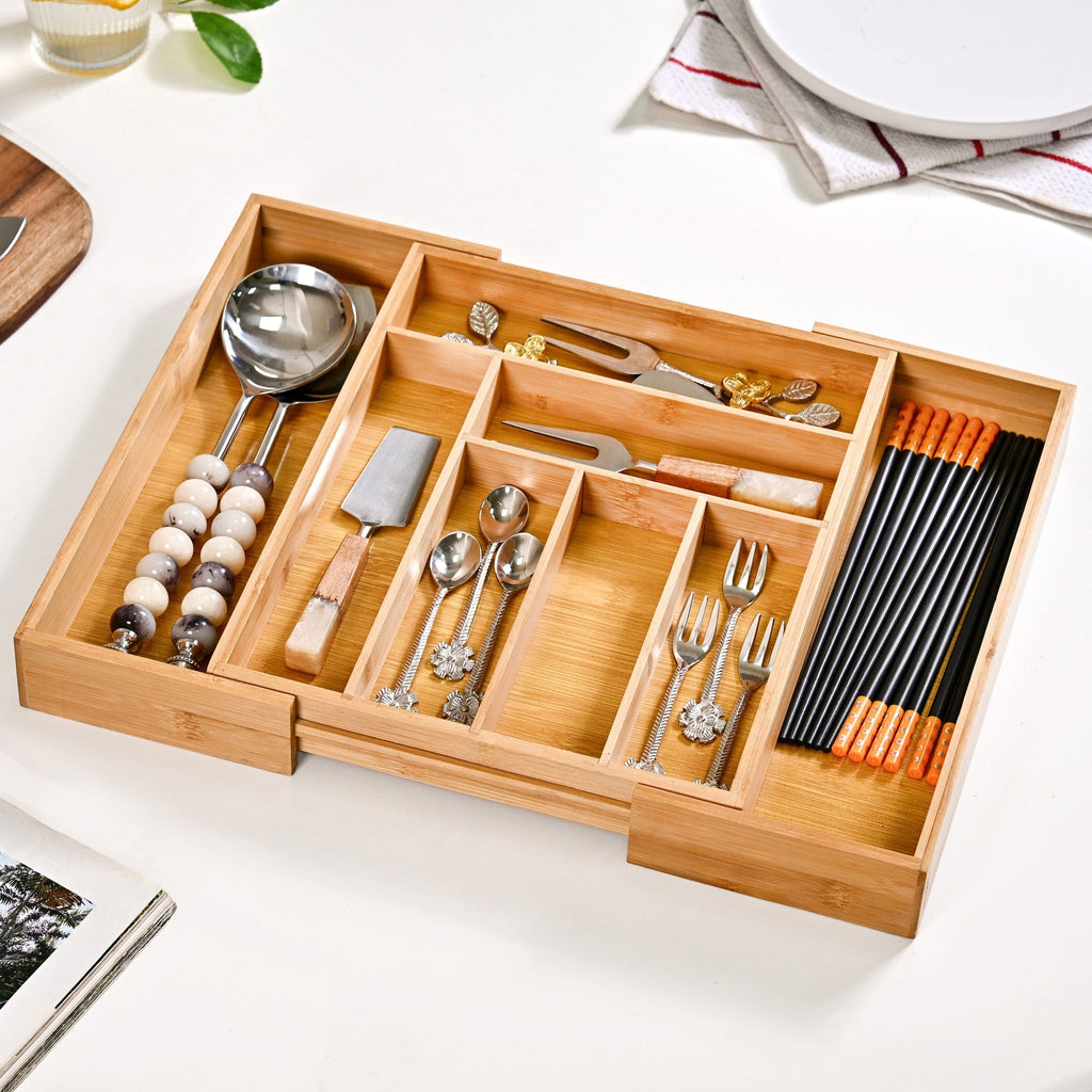 Adjustable Bamboo Kitchen Drawer Organiser For Cutlery Nestasia