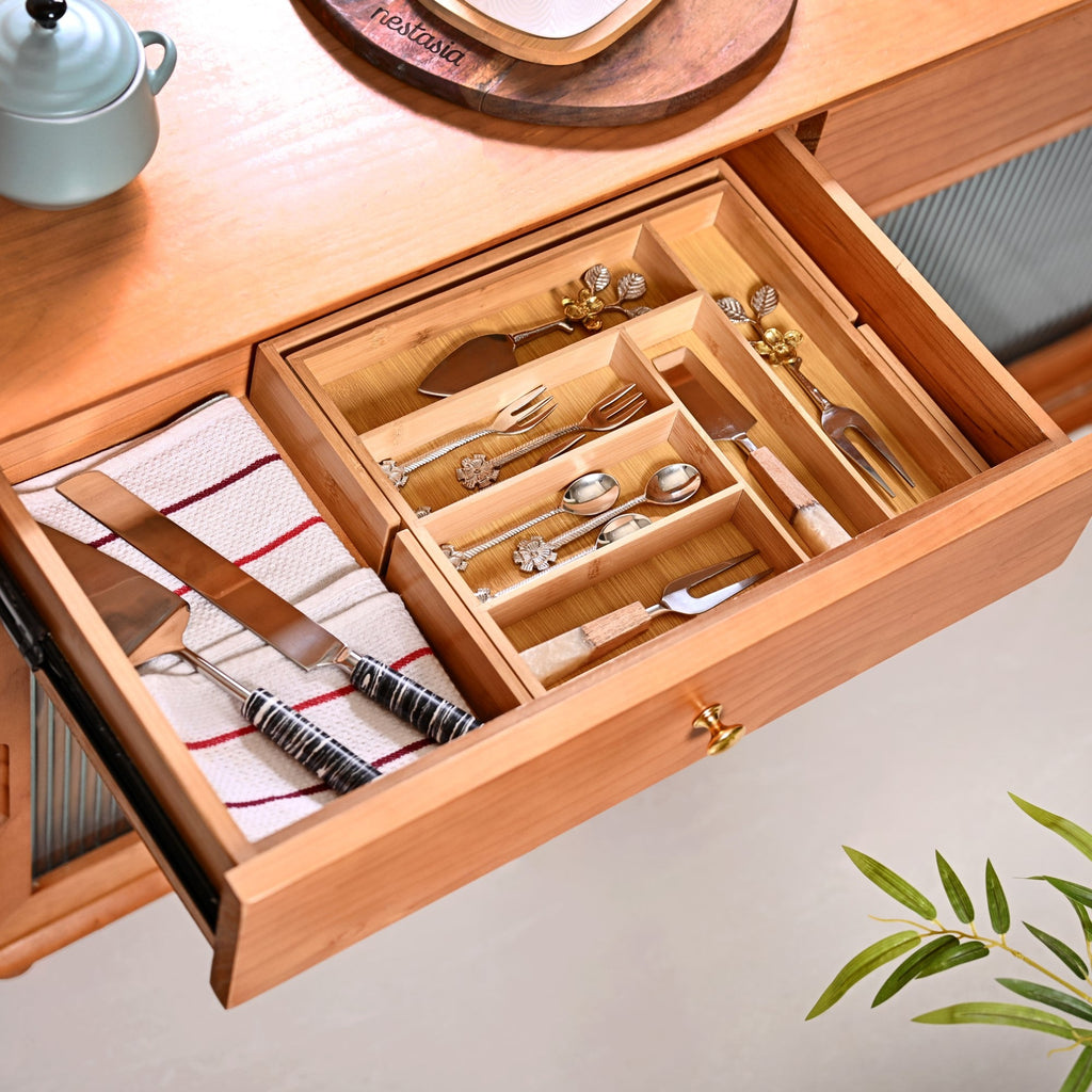 Adjustable Bamboo Kitchen Drawer Organiser For Cutlery Nestasia