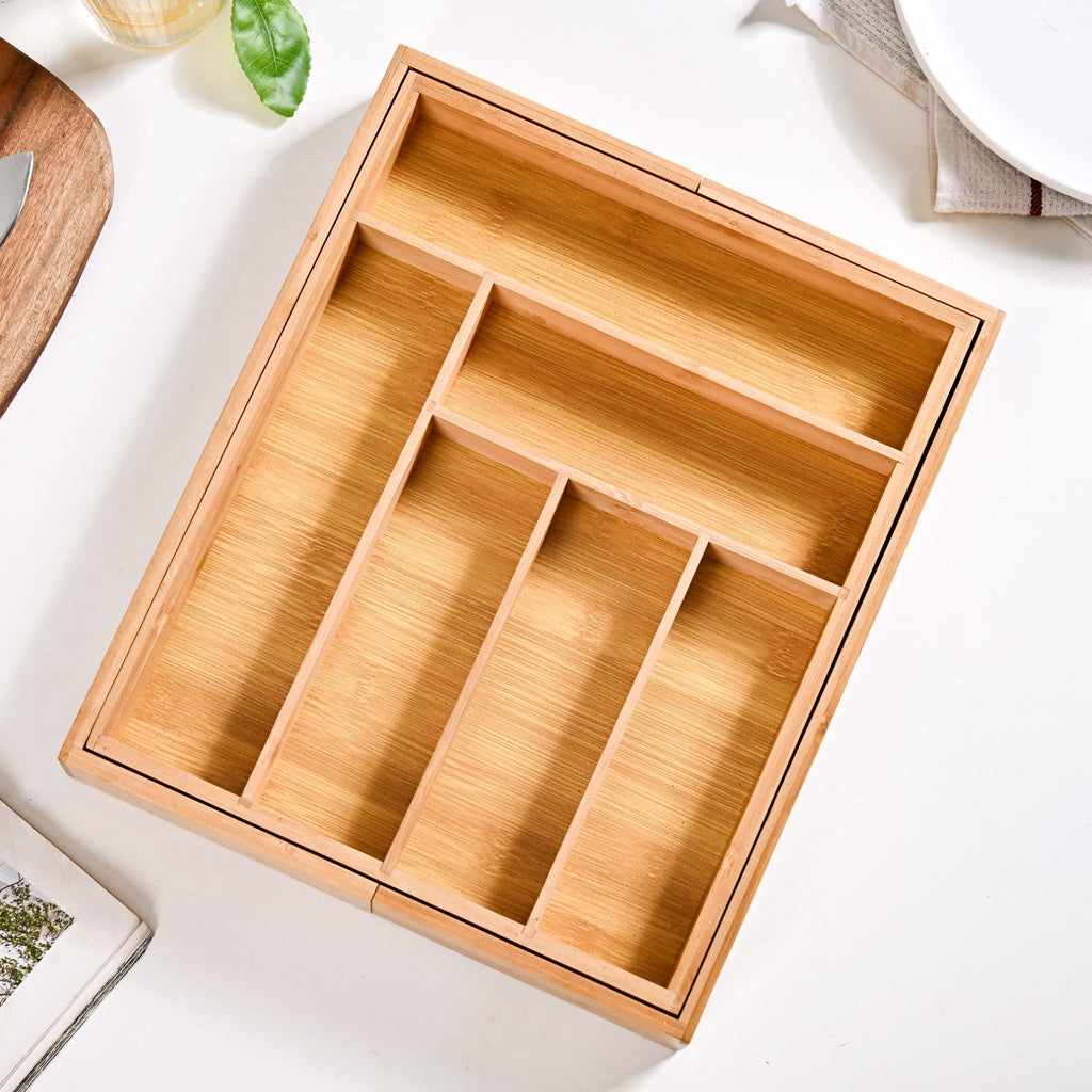 Adjustable Bamboo Kitchen Drawer Organiser For Cutlery Nestasia
