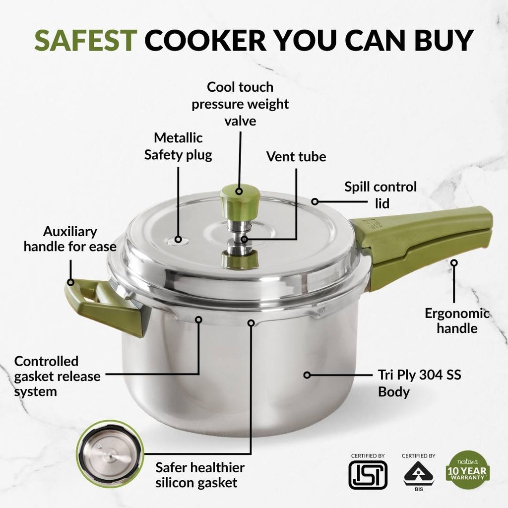 Zesta Triply Stainless Steel Induction Safe Pressure Cooker 5 Litre Spill Safe Lid Nestasia