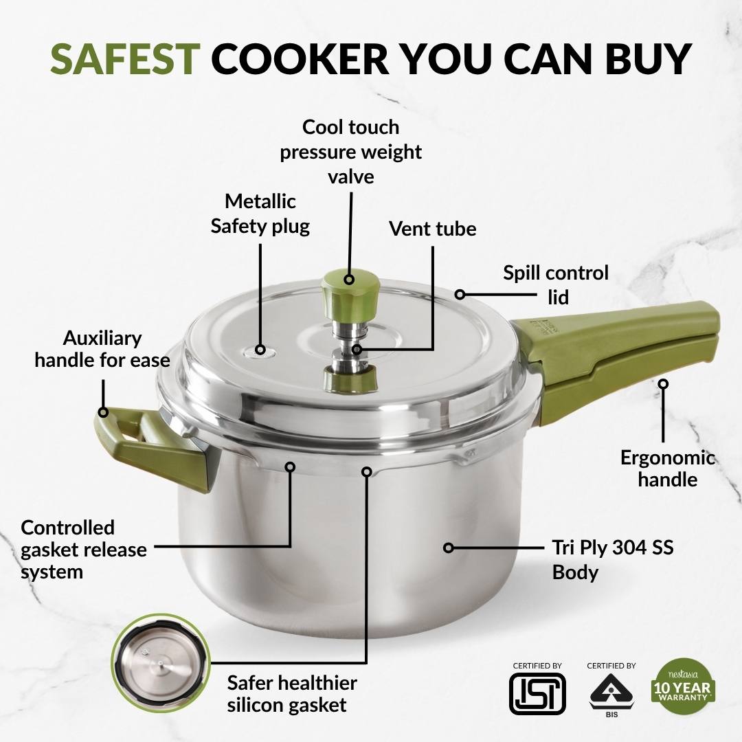 Zesta Triply Stainless Steel Induction Safe Pressure Cooker 5 Litre Spill Safe Lid Nestasia
