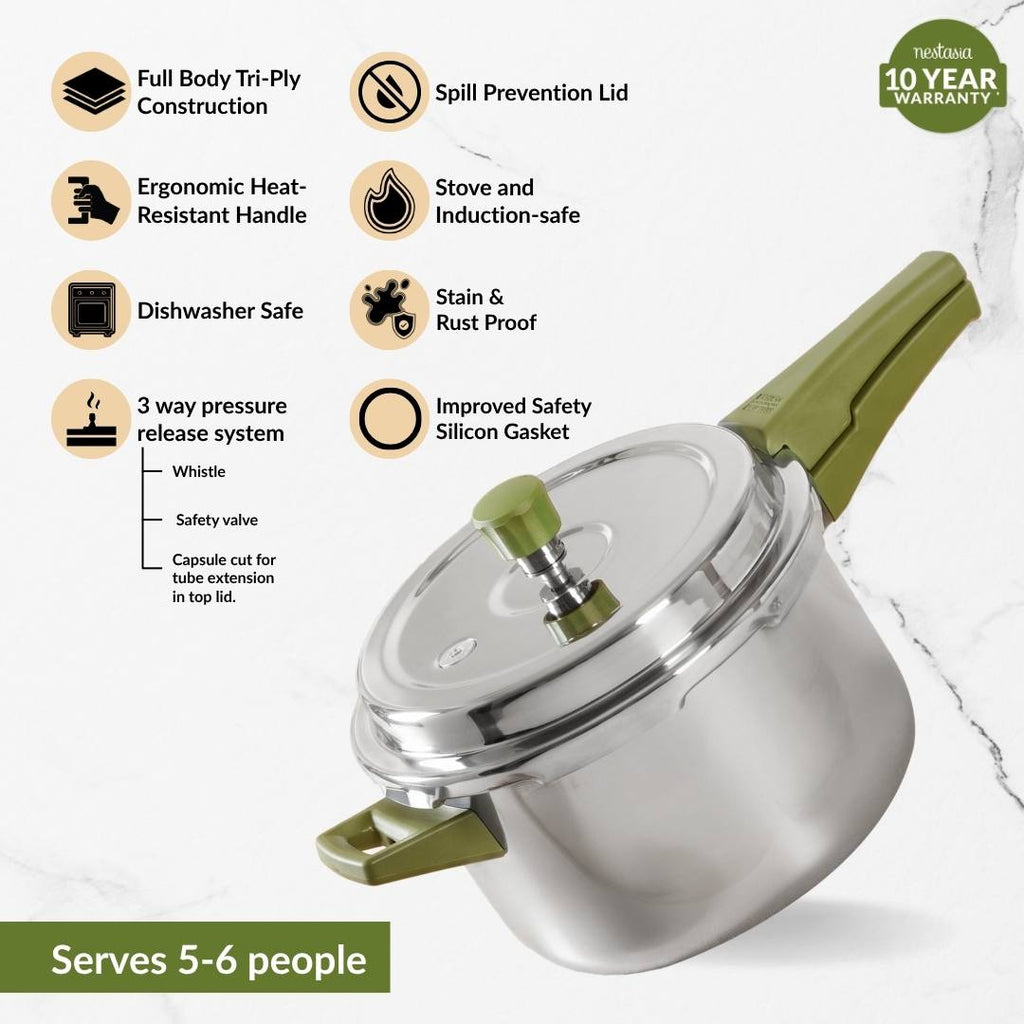 Zesta Triply Stainless Steel Induction Safe Pressure Cooker 5 Litre Spill Safe Lid Nestasia