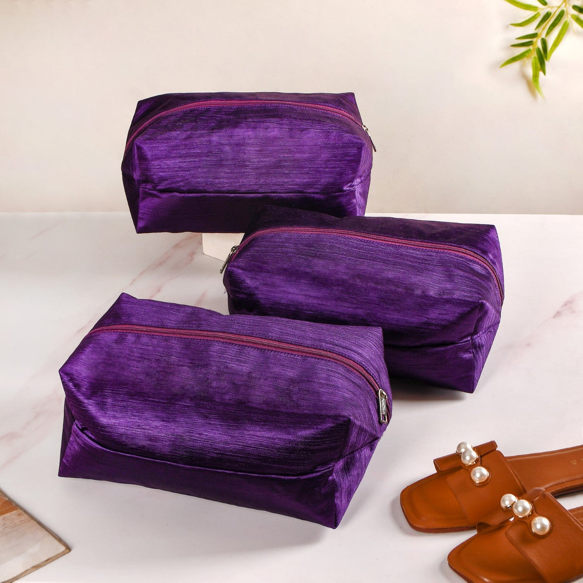 Purple Zippered Shoe Bags For Travel Large Set Of 3 Nestasia