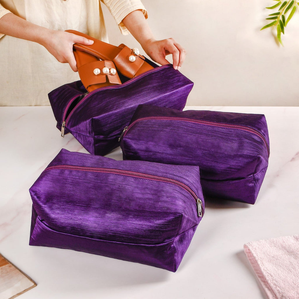 Purple Zippered Shoe Bags For Travel Large Set Of 3 Nestasia