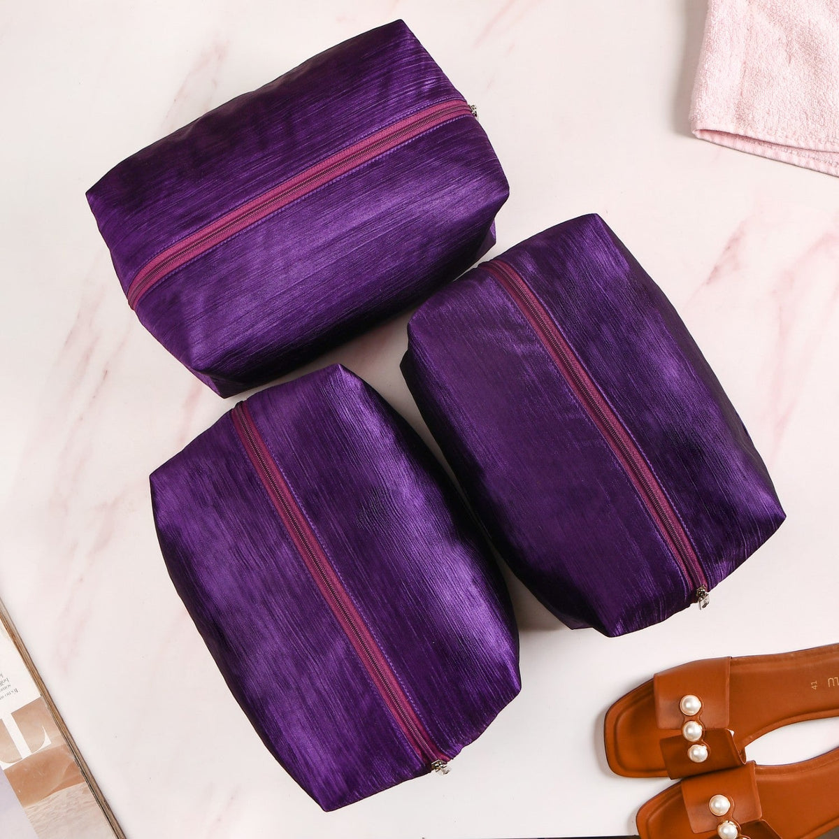 Purple Zippered Shoe Bags For Travel Large Set Of 3 Nestasia